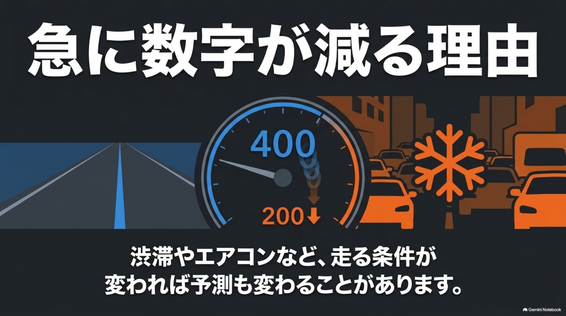 渋滞や空調の使用など走行条件が変わると航続可能距離の予測も変わることがあると示す図