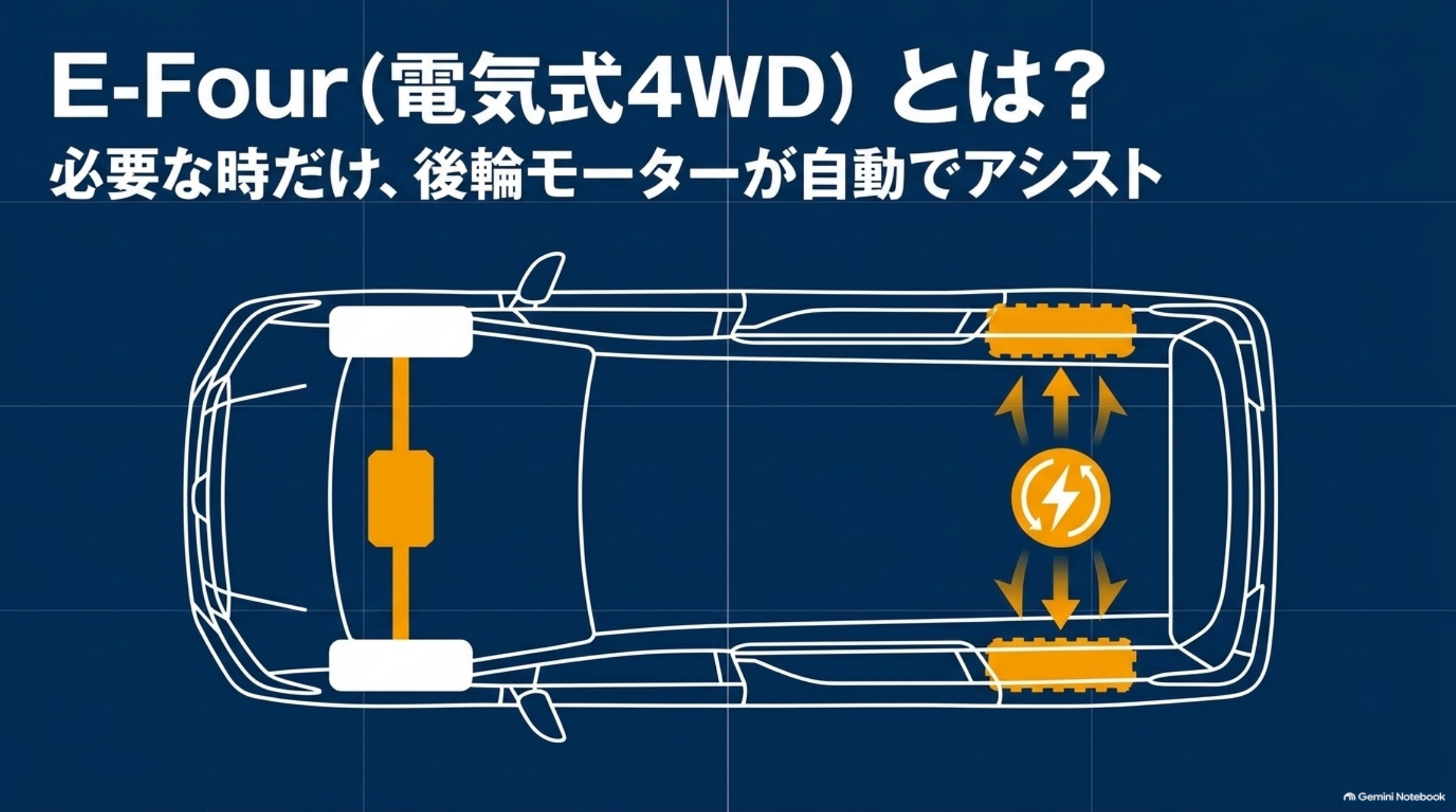 alphard-e-four-rear-motor E-Fourが必要なときに後輪モーターで駆動を補助する仕組みの図