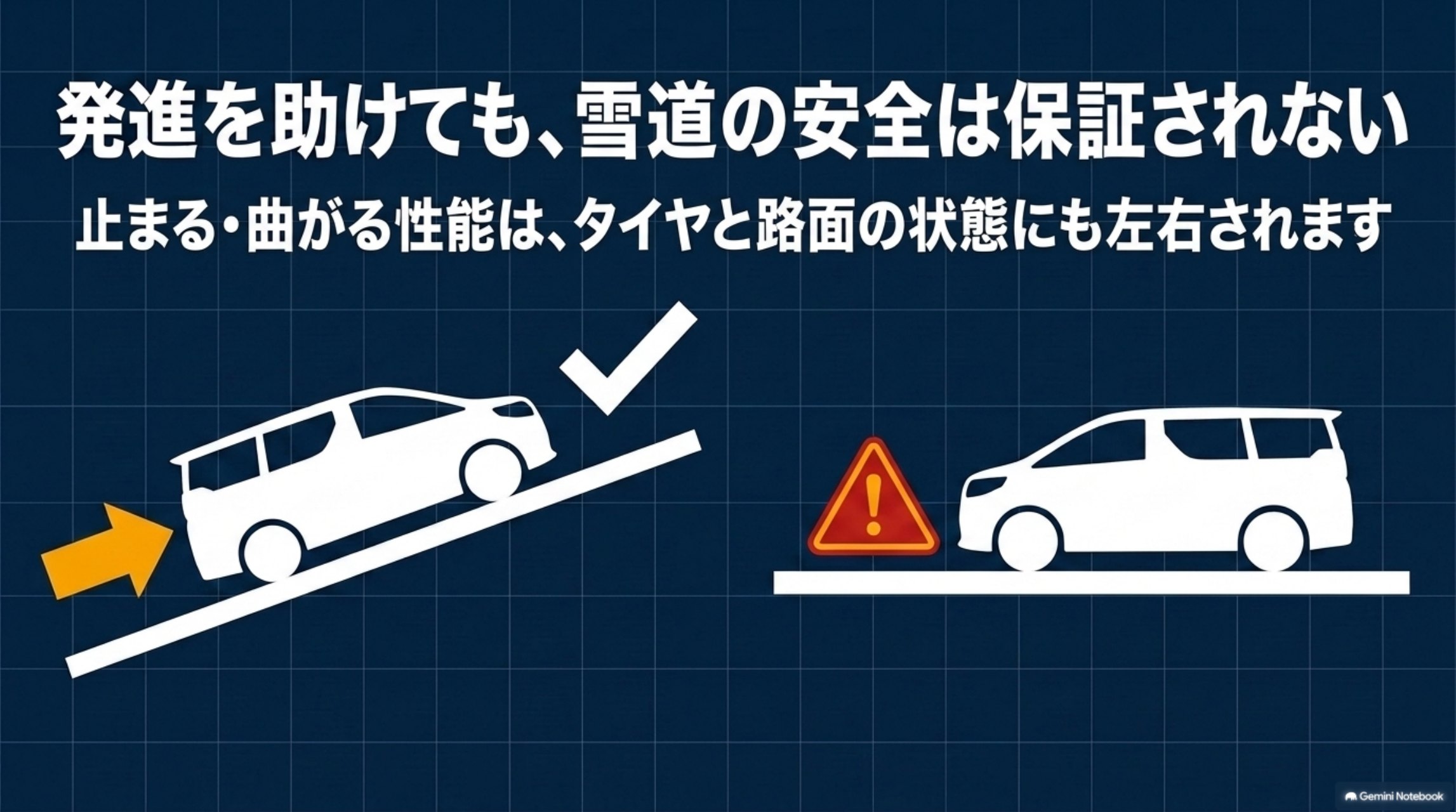 alphard-e-four-snow-safety 発進を助ける4WDでも雪道の停止と旋回の安全は保証されないことを示す図