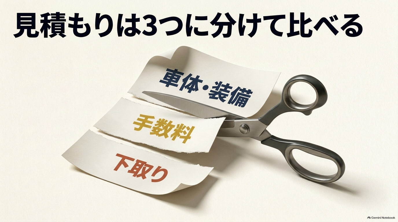 見積もりを車体・装備、手数料、下取りの3つに切り分けて比較することを提案するスライド