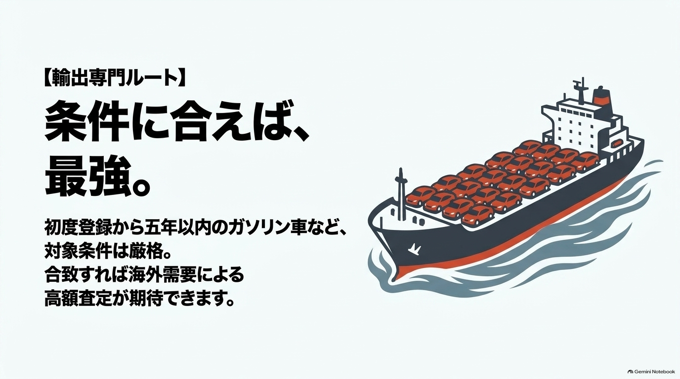 輸出専門買取店ENGの特徴と高額査定が期待できる車両条件を解説するスライド