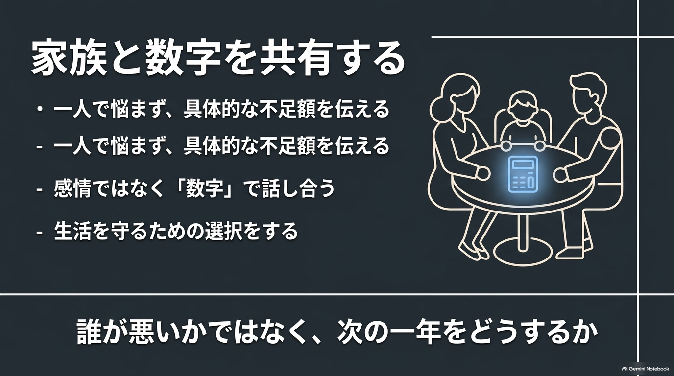 家族で電タクの数字を囲んで具体的に話し合い生活を守るための選択を提案するまとめスライド