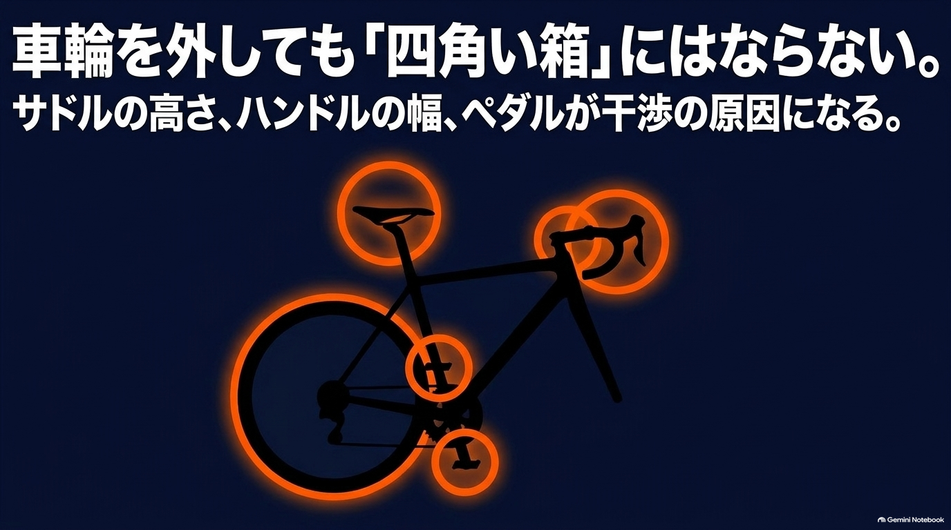 alphard-four-road-bikes-bike-protrusions 前輪を外した自転車のサドル、ハンドル、ペダルなどの出っ張りを示す図
