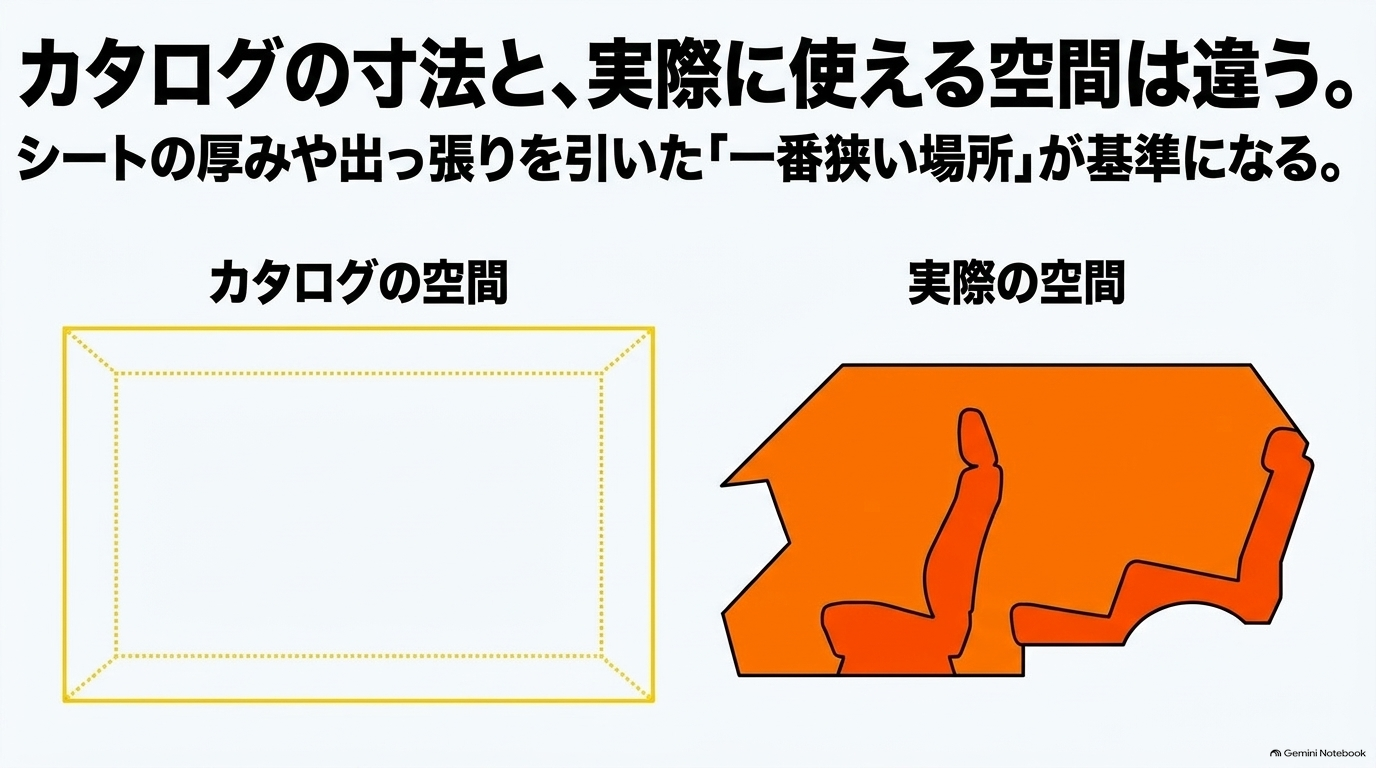 alphard-four-road-bikes-cargo-measurement カタログの空間とシートの出っ張りを含む実際の空間を比較した図