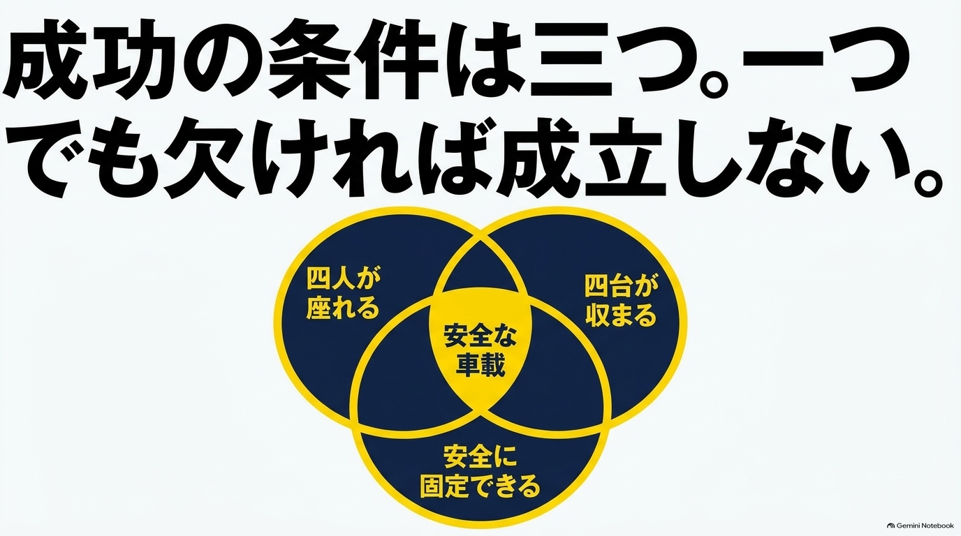 alphard-four-road-bikes-loading-conditions 4人が座れる、4台が収まる、安全に固定できるの三条件を示す図