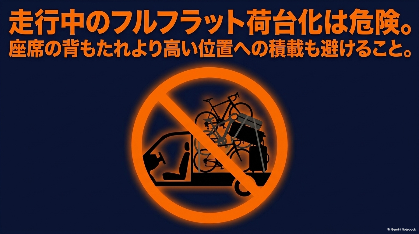 alphard-four-road-bikes-seat-height-warnings フルフラットを走行中の荷台にすることと背もたれより高い積載への注意を示す図