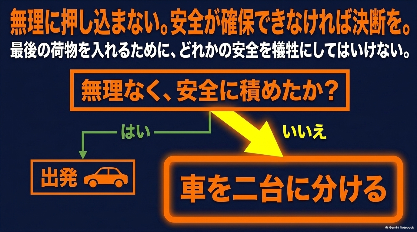 alphard-four-road-bikes-split-vehicles 安全な積載が成立するかを確認し、難しい場合に車を二台へ分ける判断の図
