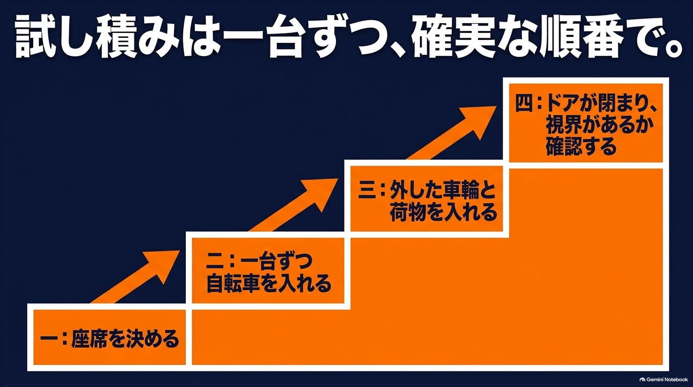 alphard-four-road-bikes-trial-loading-steps 座席を決め、自転車を一台ずつ入れ、車輪と荷物、ドアと視界を確認する四段階の図