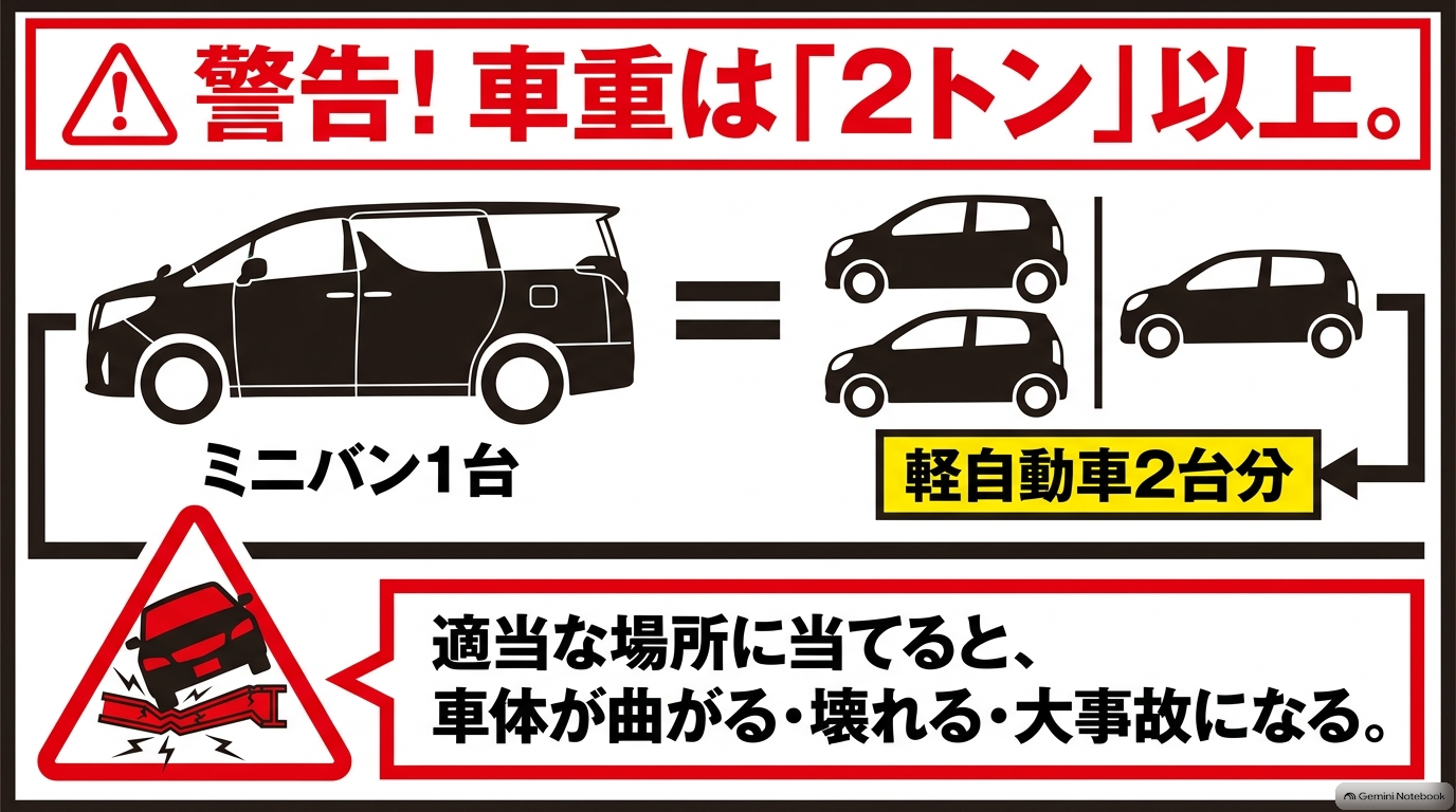 アルファードの車重は2トン以上あり軽自動車2台分に相当するため適当なジャッキ位置では車体破損や落下事故につながる警告図解