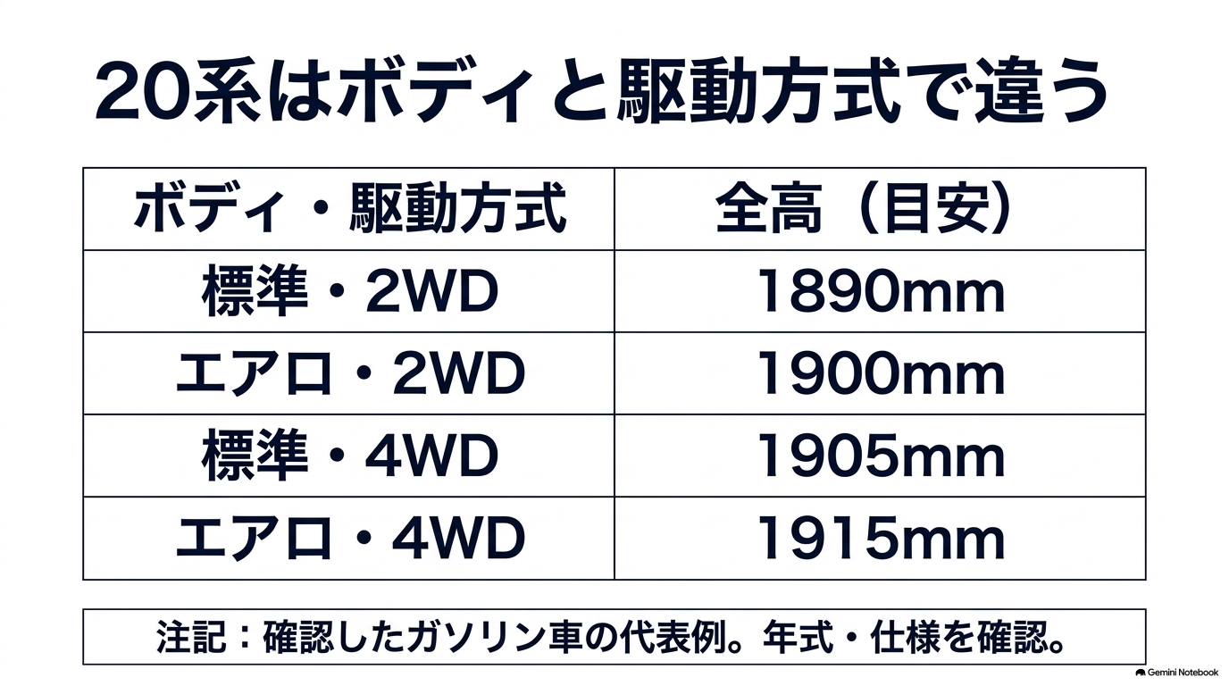 20系ガソリン車の全高を標準2WD1890mm、エアロ2WD1900mm、標準4WD1905mm、エアロ4WD1915mmの代表例で比較