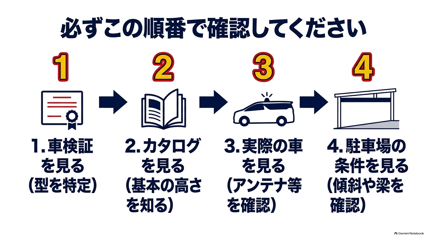 車検証、カタログ、実車の装備、駐車場の条件を順番に確認する四つの手順