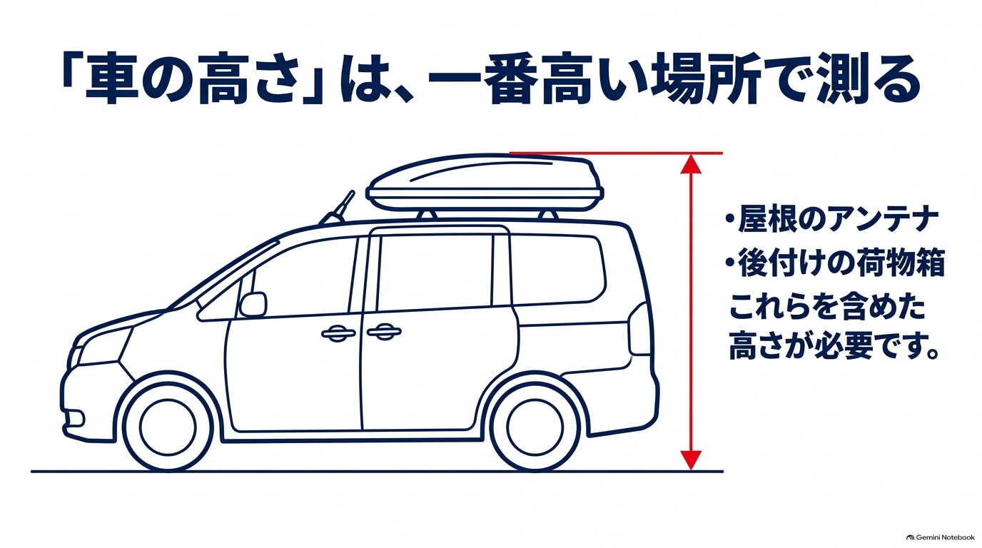 アンテナとルーフボックスを含む車両の最高点から地面までを確認する図