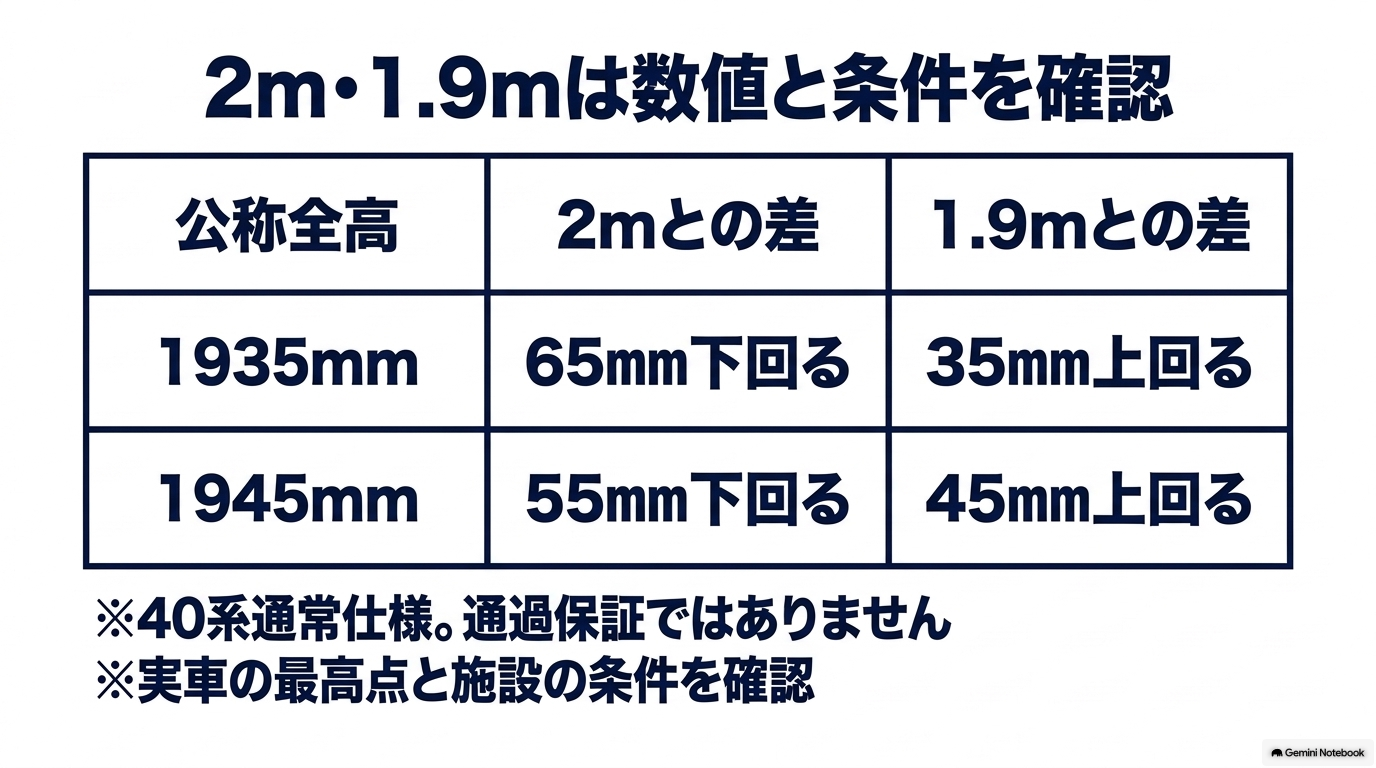 40系通常仕様の1935mm、1945mmと2m、1.9m制限を比較する表。2mは65mm、55mm下回り、1.9mは35mm、45mm上回る