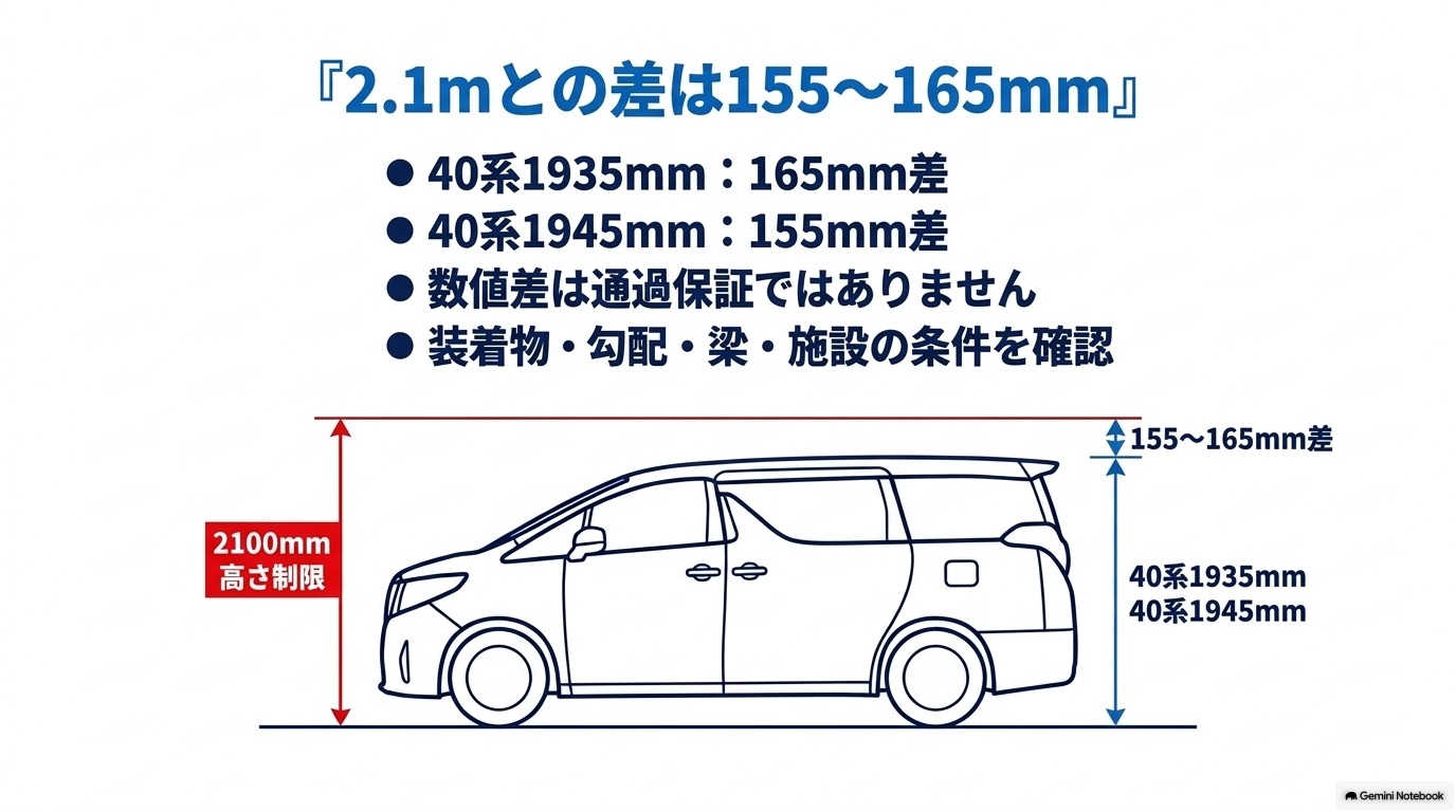 2.1m制限と40系の公称全高1935mm、1945mmの差165mm、155mmを示し、数値差は通過保証ではないと説明