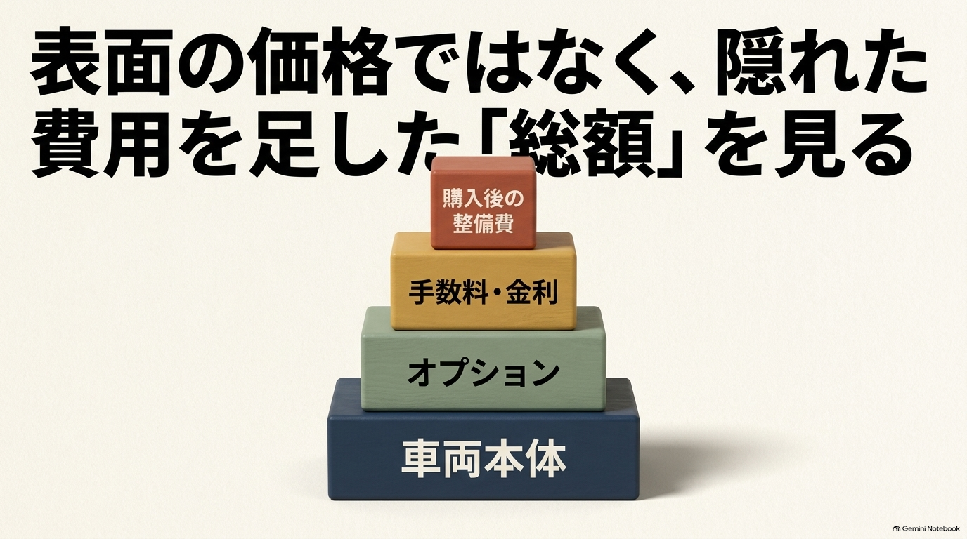 車両本体にオプション・金利手数料・整備費が積み重なる総額構造のピラミッドを示すスライド
