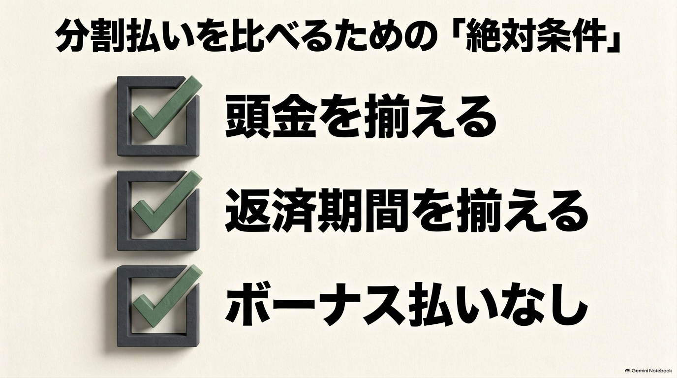 頭金・返済期間・ボーナス払いの有無をそろえて分割払い条件を公平に比較するスライド
