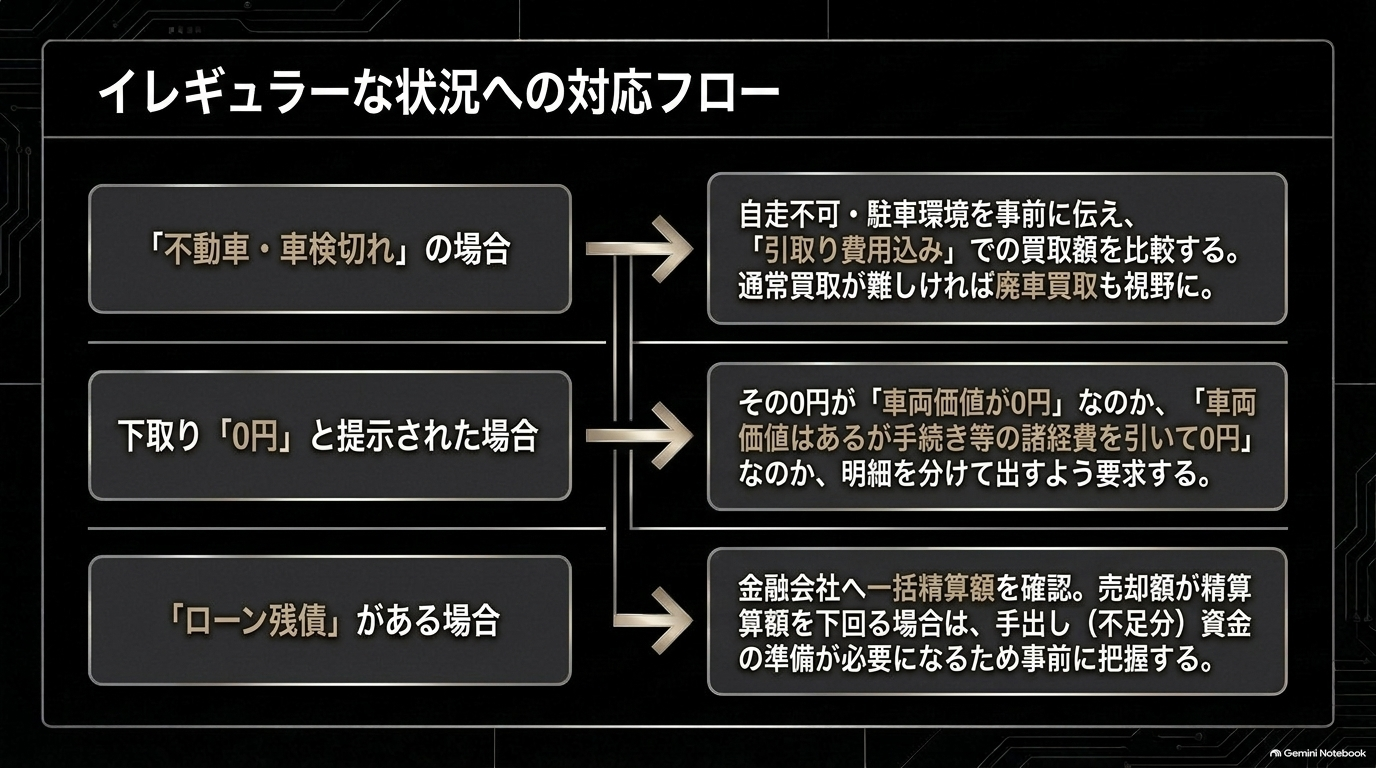 不動車・下取り0円・ローン残債発生時のアクションフロー【オートパーツらぼ・イメージ】 不動車や下取り0円提示、ローン残債などイレギュラーな状況が発生した際のアクションフローを説明するスライド