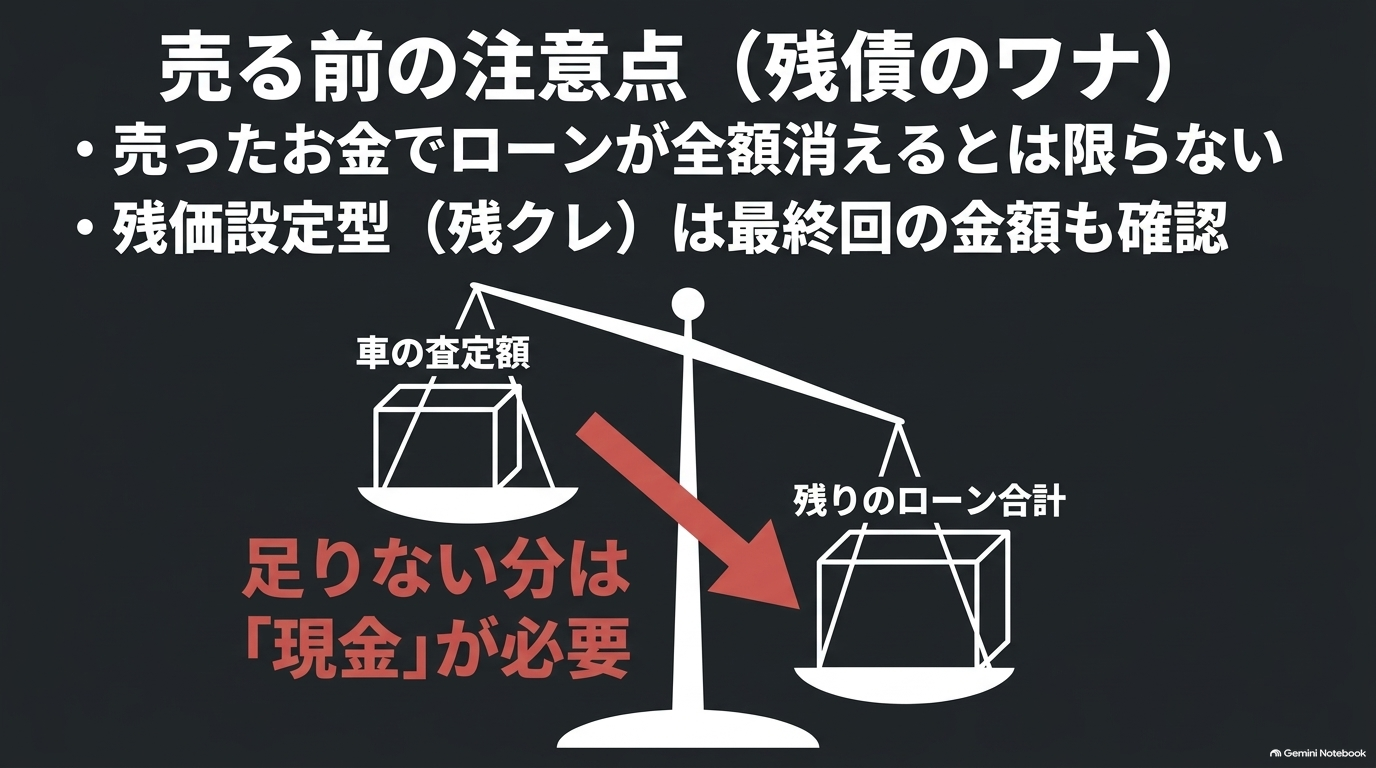 車を売却してもローンを全額返済できない残債リスクと現金不足を説明する図解