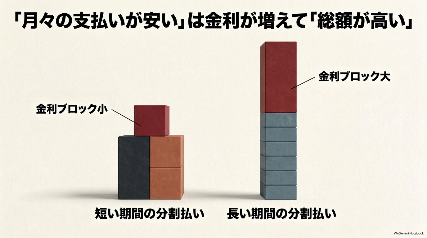 返済期間の長さによって金利負担が増え総支払額が高くなる関係を比較するスライド