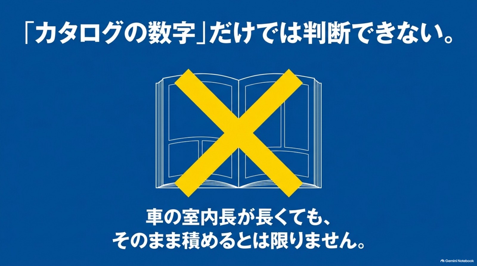 カタログの室内長だけではロングボードの積載可否を判断できないことを示す図
