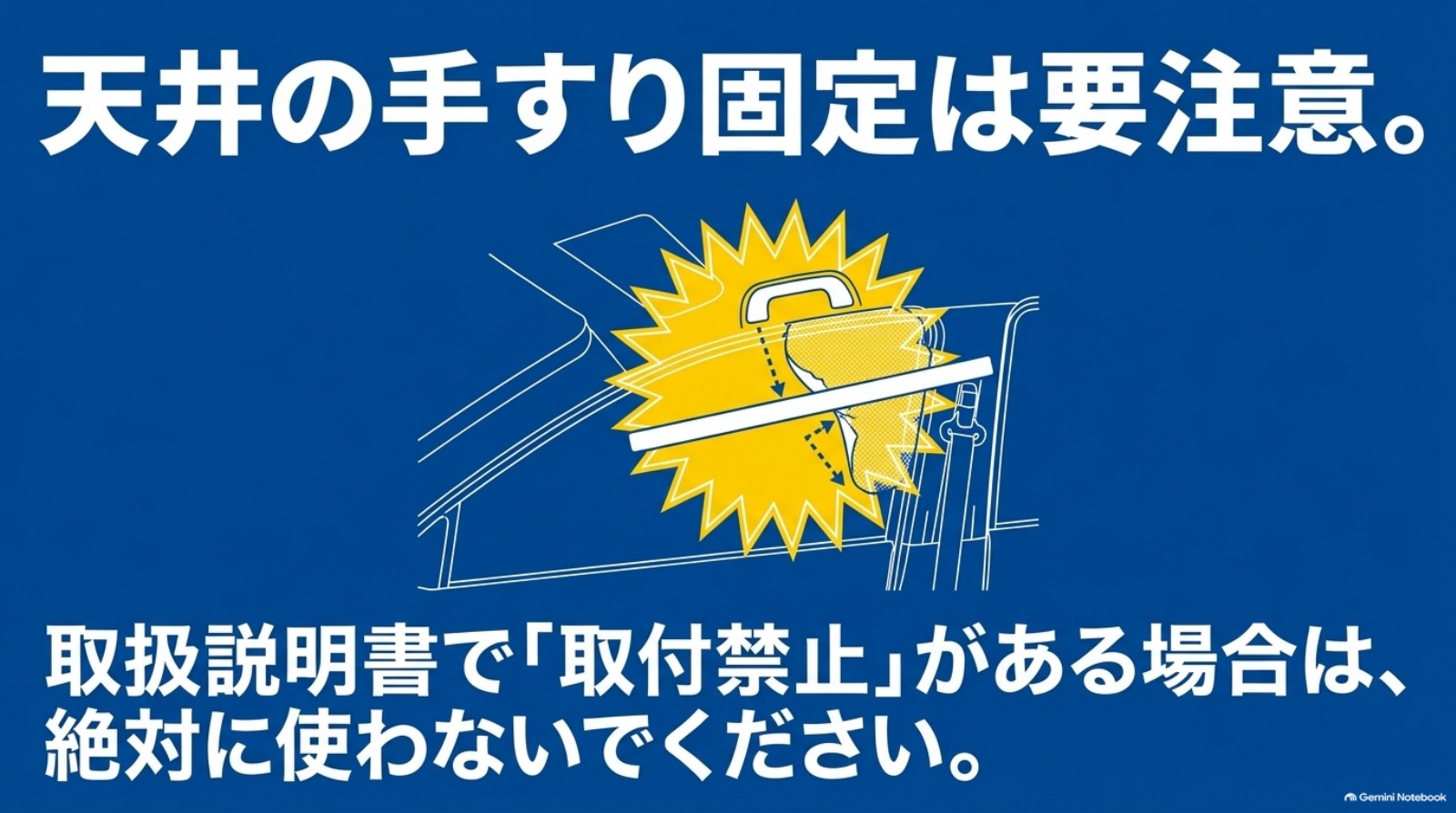 天井のアシストグリップ固定が取扱説明書で禁止される場合は使用しないことを示す注意図