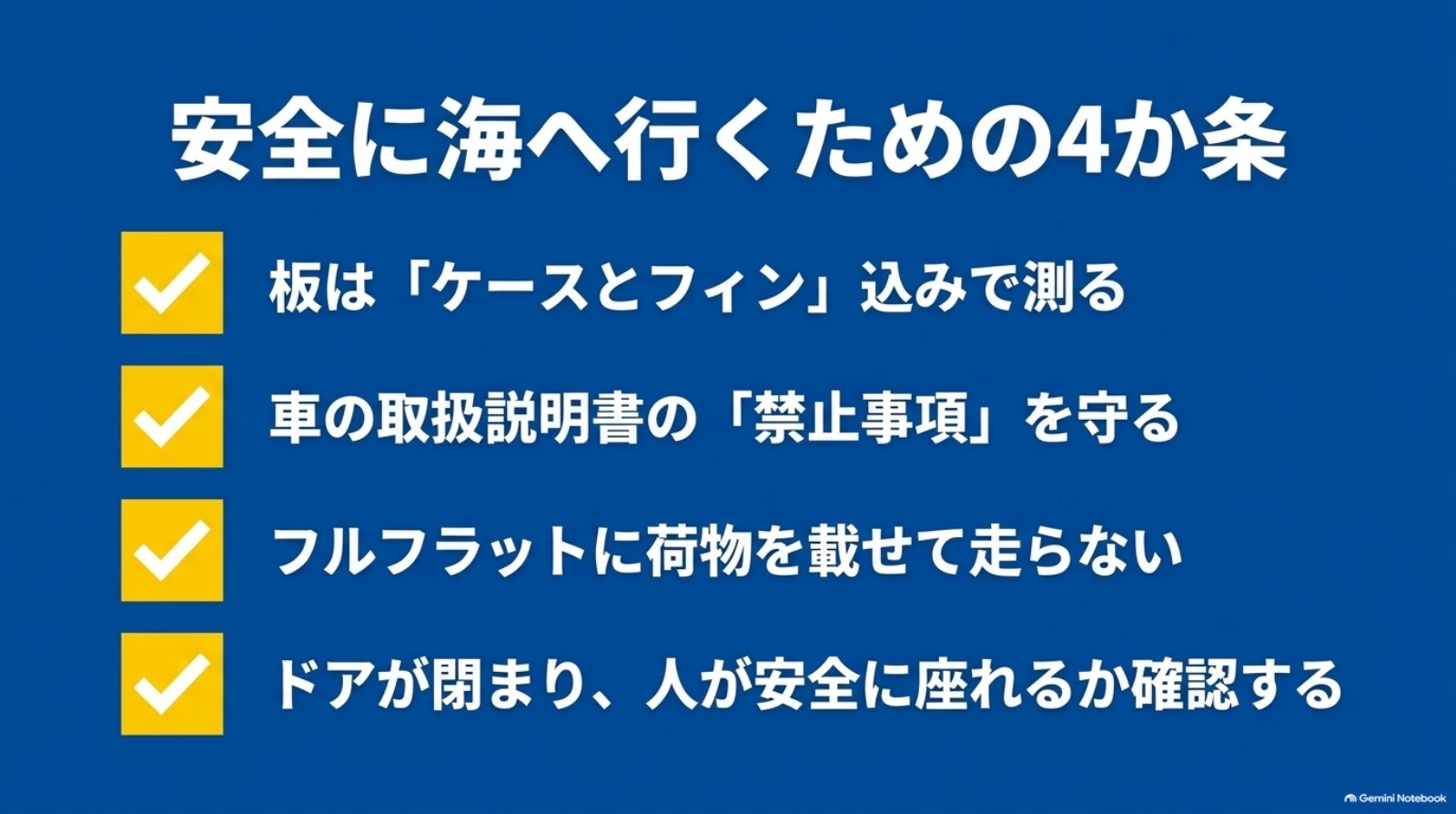 寸法測定、取扱説明書の禁止事項、フラット状態での積載禁止、ドアと着座の四項目を確認する一覧