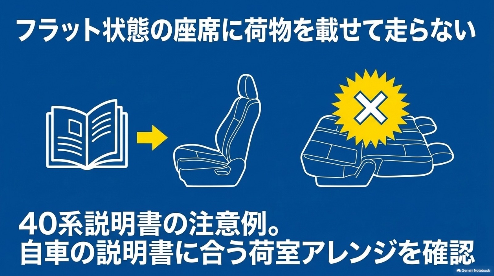 フラット状態の座席に荷物を載せて走行しないことと自車の説明書確認を促す図