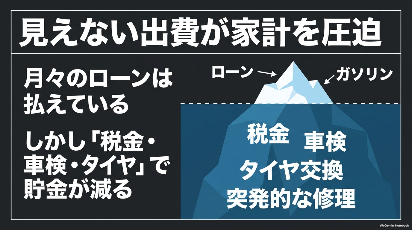 ローンやガソリン代だけでなく税金や車検など水面下の出費が家計を圧迫する氷山モデルの図解