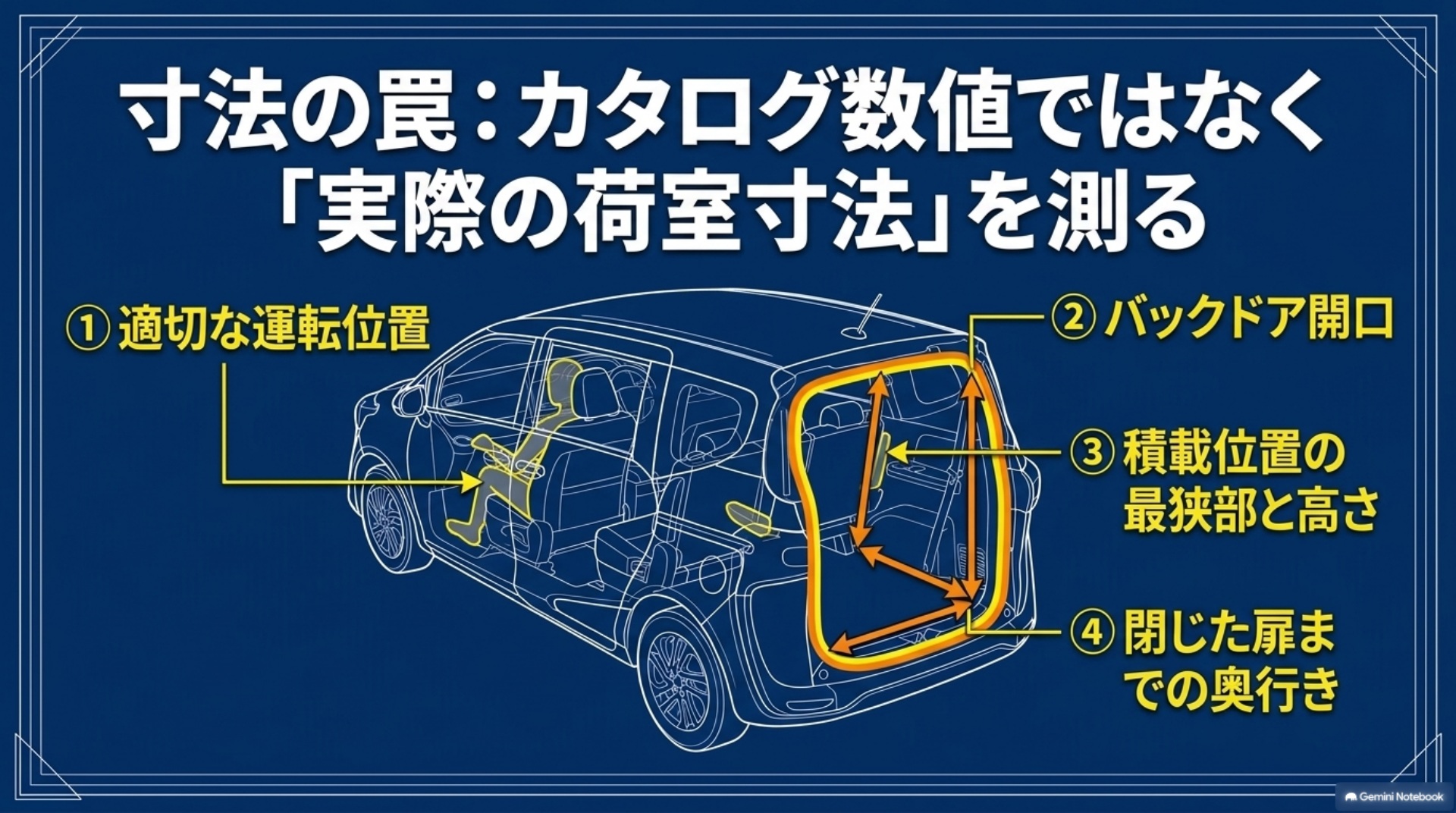 適切な運転席位置、バックドア開口、積載位置の狭い部分、閉じた扉までの奥行きを確認する図