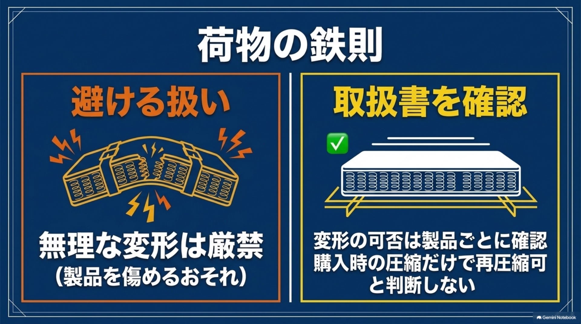 無理な変形を避け、マットレスの取扱説明書で許された折り方や圧縮方法を確認する図