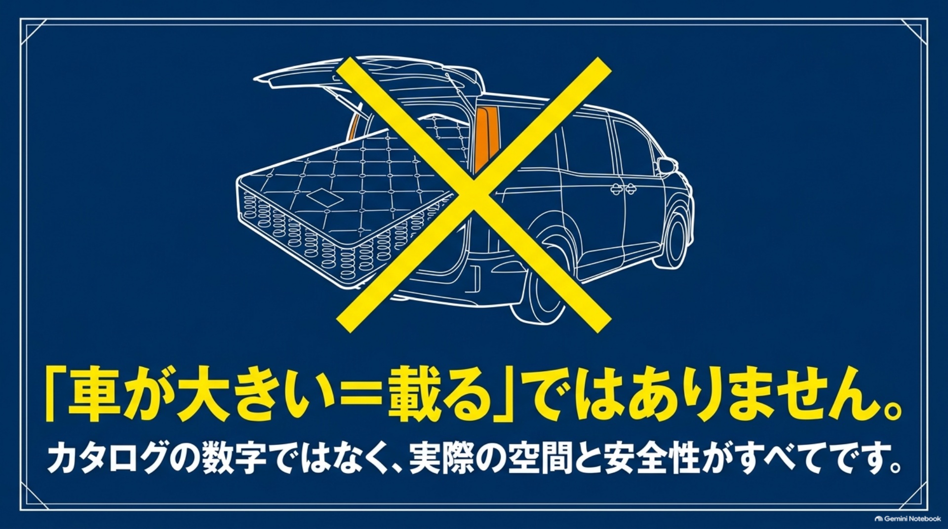 車が大きくてもマットレスの積載と安全な運搬を保証できないことを示す図
