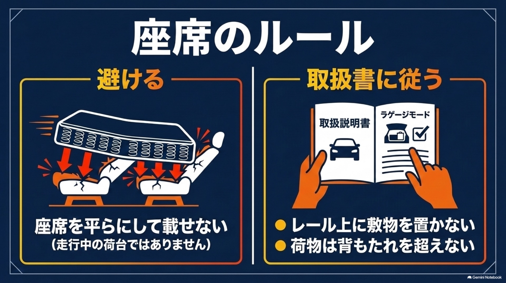 フラット座席に荷物を載せて走る方法を避け、自車取扱書の荷室とレール・荷物の高さの注意を確認する図