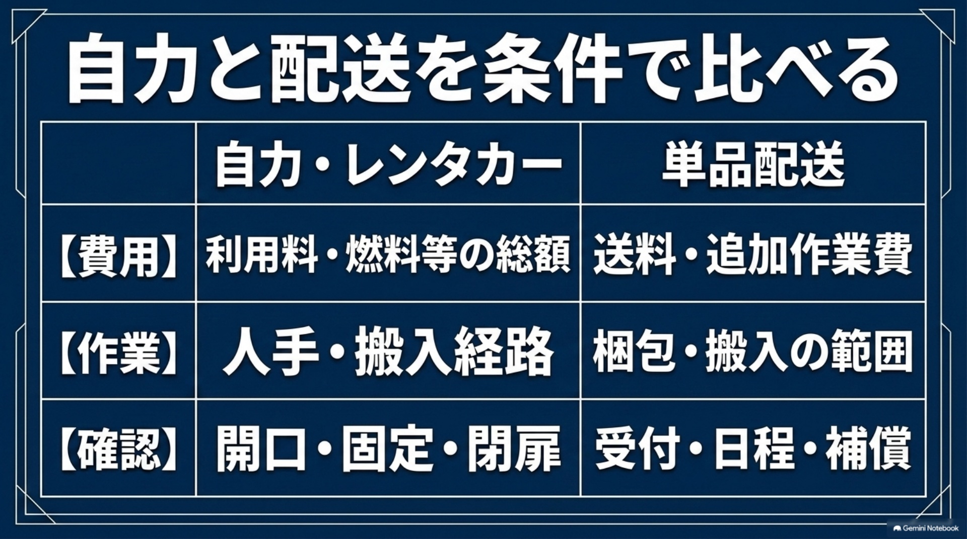 自力やレンタカーと単品配送について、総費用、作業範囲、受付や補償条件を比べる図