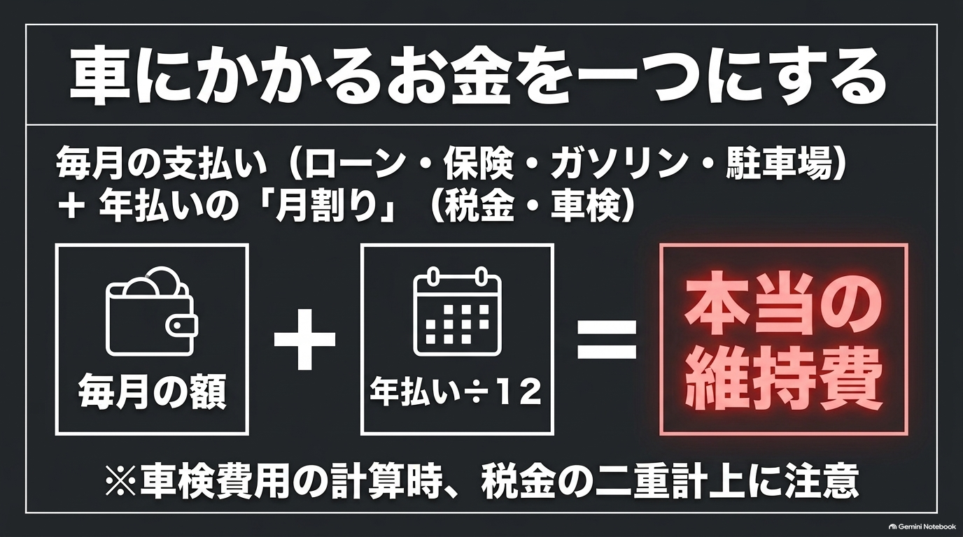 毎月の支払額と年払い費用の月割り額を合計して本当の維持費を計算する図解スライド