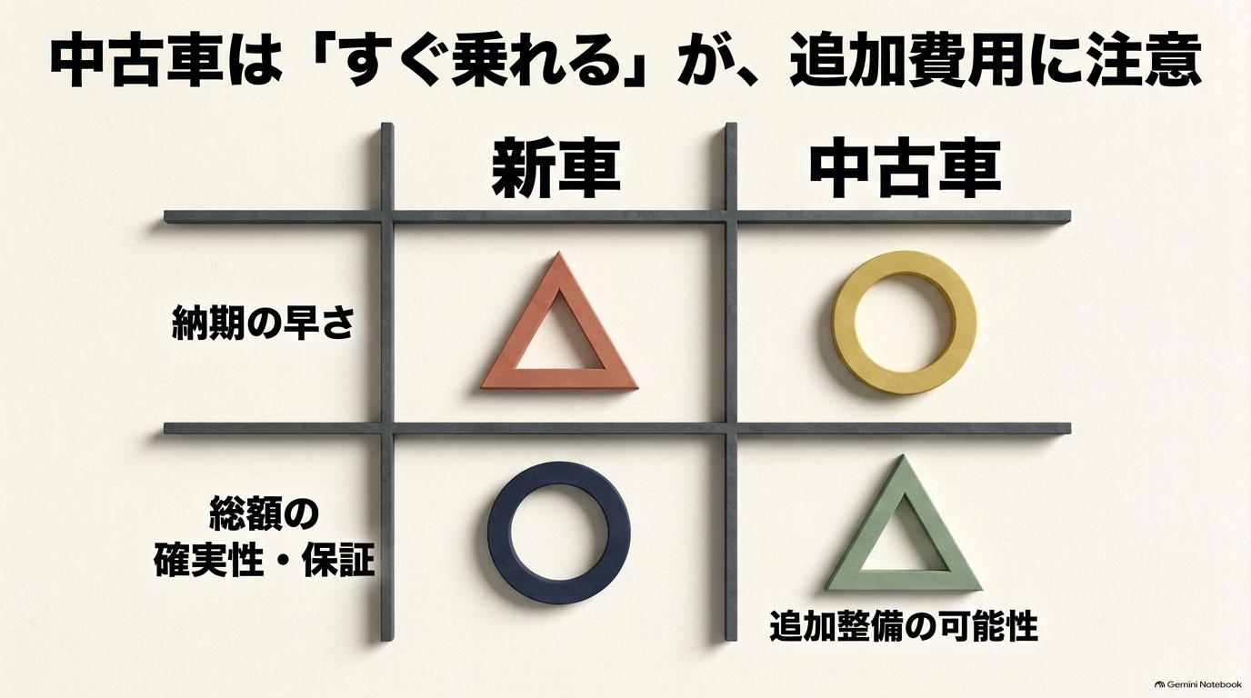 新車と中古車の納期の早さ、総額の確実性、追加整備リスクを比較する表のスライド