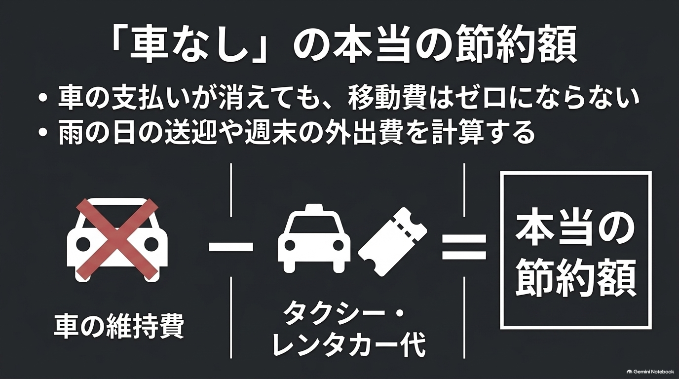 車を手放した後に発生する公共交通やタクシー代を差し引いた本当の節約額の計算図解