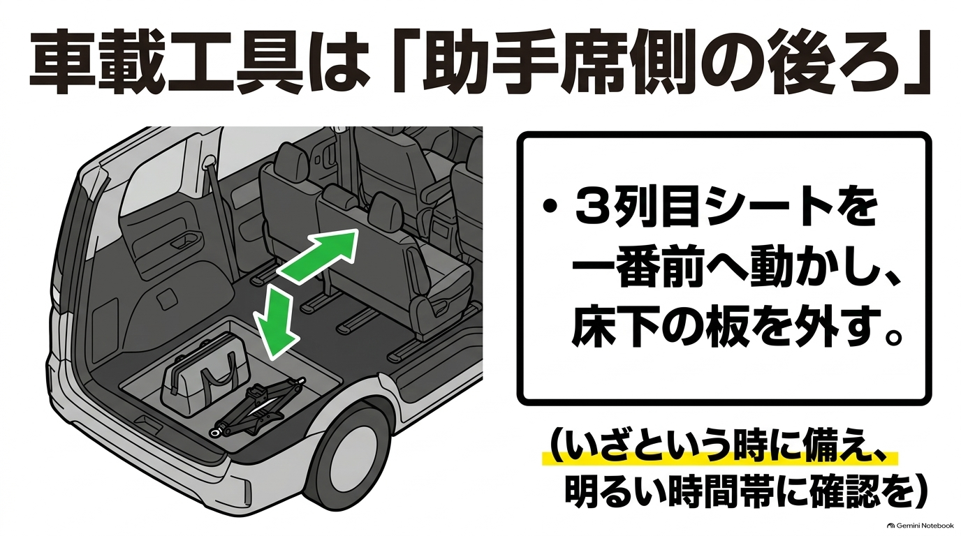 アルファードの車載工具とパンタグラフジャッキの格納場所は助手席側3列目シートを前へスライドさせたラゲッジ床下であることを示す図解