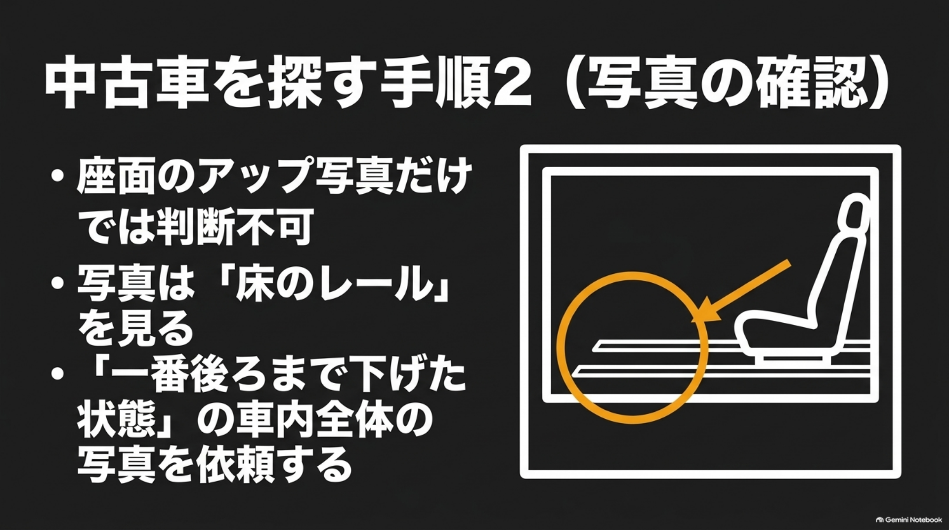 alphard-passenger-slide-photo-check 座面だけでなく床のレールと、助手席を後方へ下げた車内全体の写真を確認するポイント