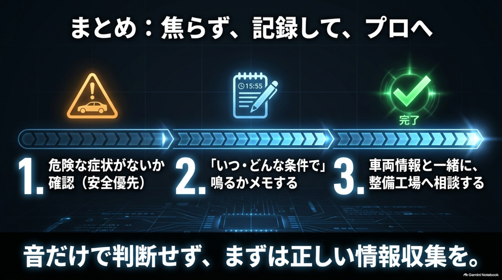 alphard-popping-noise-consultation-summary 危険な症状の確認、発生条件のメモ、車両情報を添えた専門家への相談という流れ