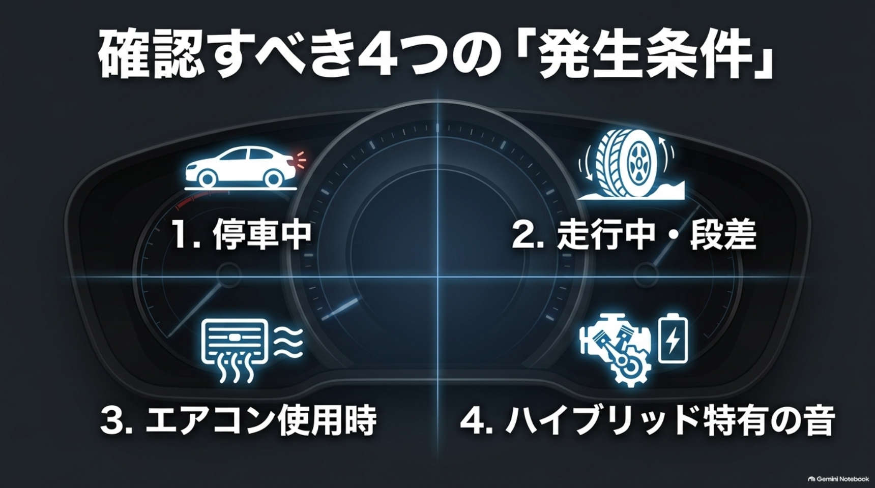 alphard-popping-noise-four-conditions 停車中、走行中と段差、空調、ハイブリッドの作動という四つの条件
