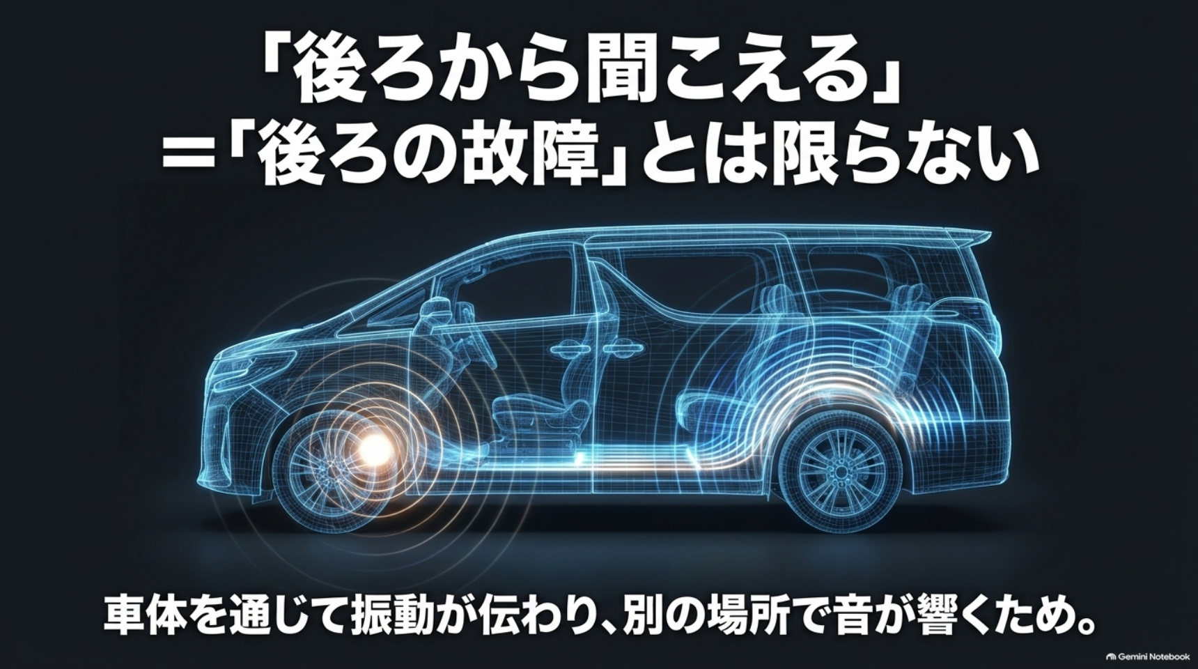 alphard-popping-noise-sound-transmission 車体を振動が伝わるため聞こえる場所と発生箇所が異なる可能性を示す図