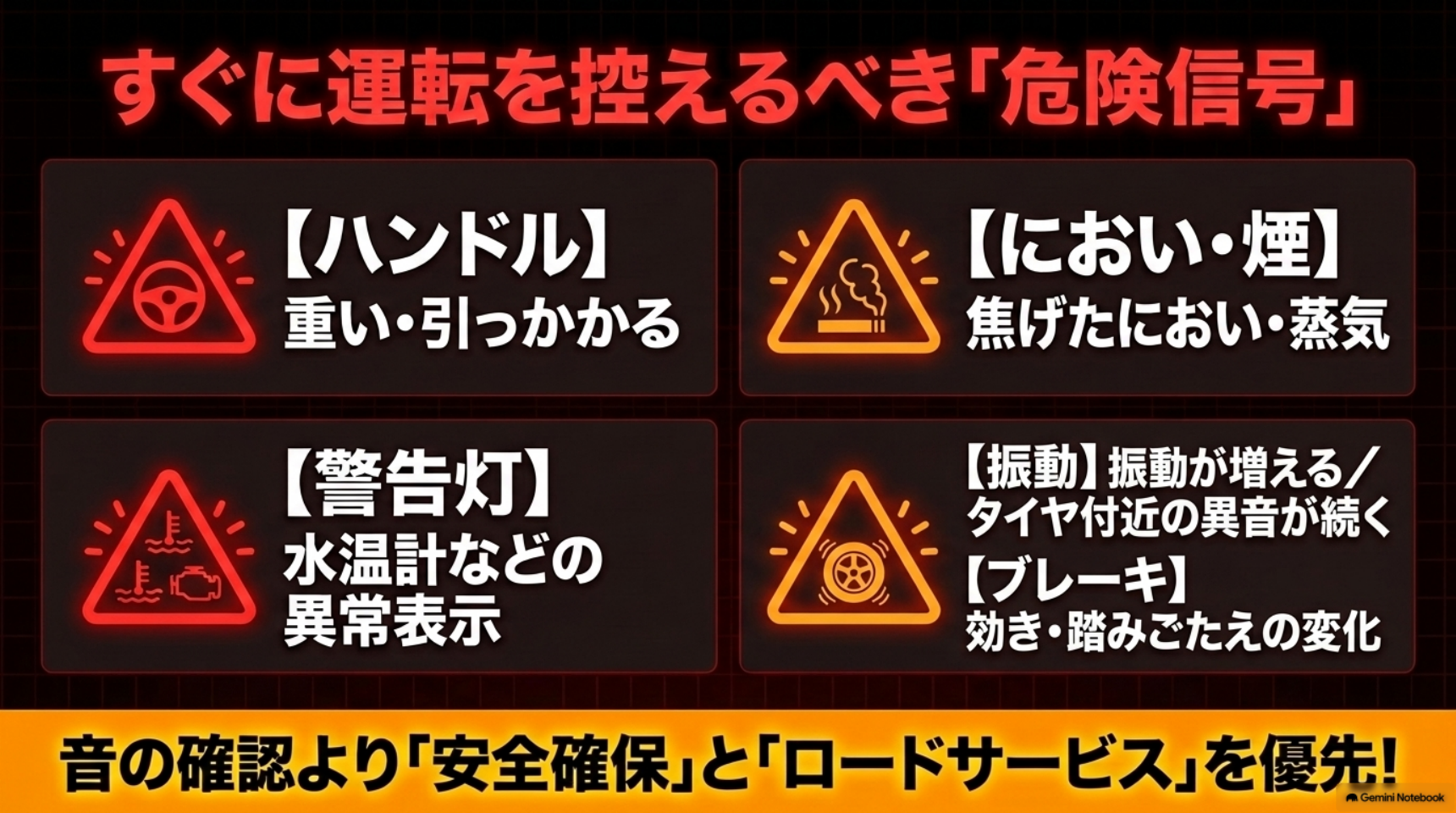 alphard-popping-noise-warning-signs 操舵や制動の変化、警告、煙やにおい、増える振動や続くタイヤ付近の異音を示す図