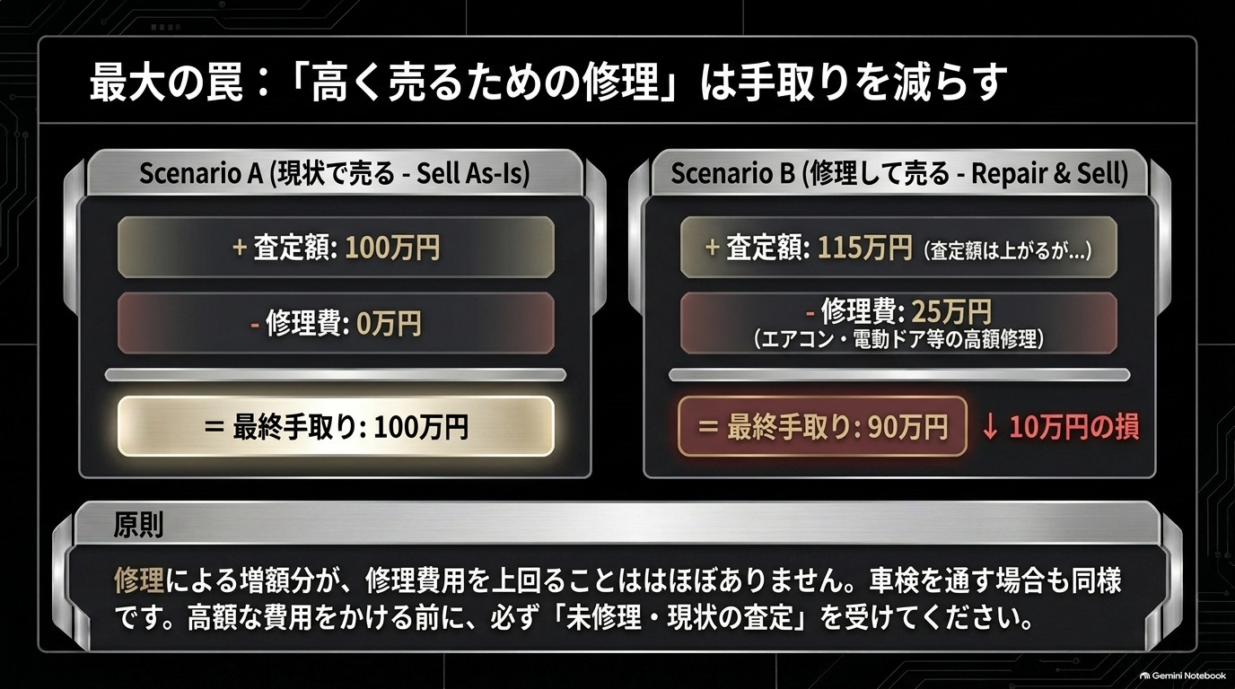 事前修理で手取り額が減る罠と現状売却との収支計算【オートパーツらぼ・イメージ】 高く売るための事前修理が最終手取り額を減らす最大の罠について現状売却と修理後売却の収支計算で比較説明するスライド