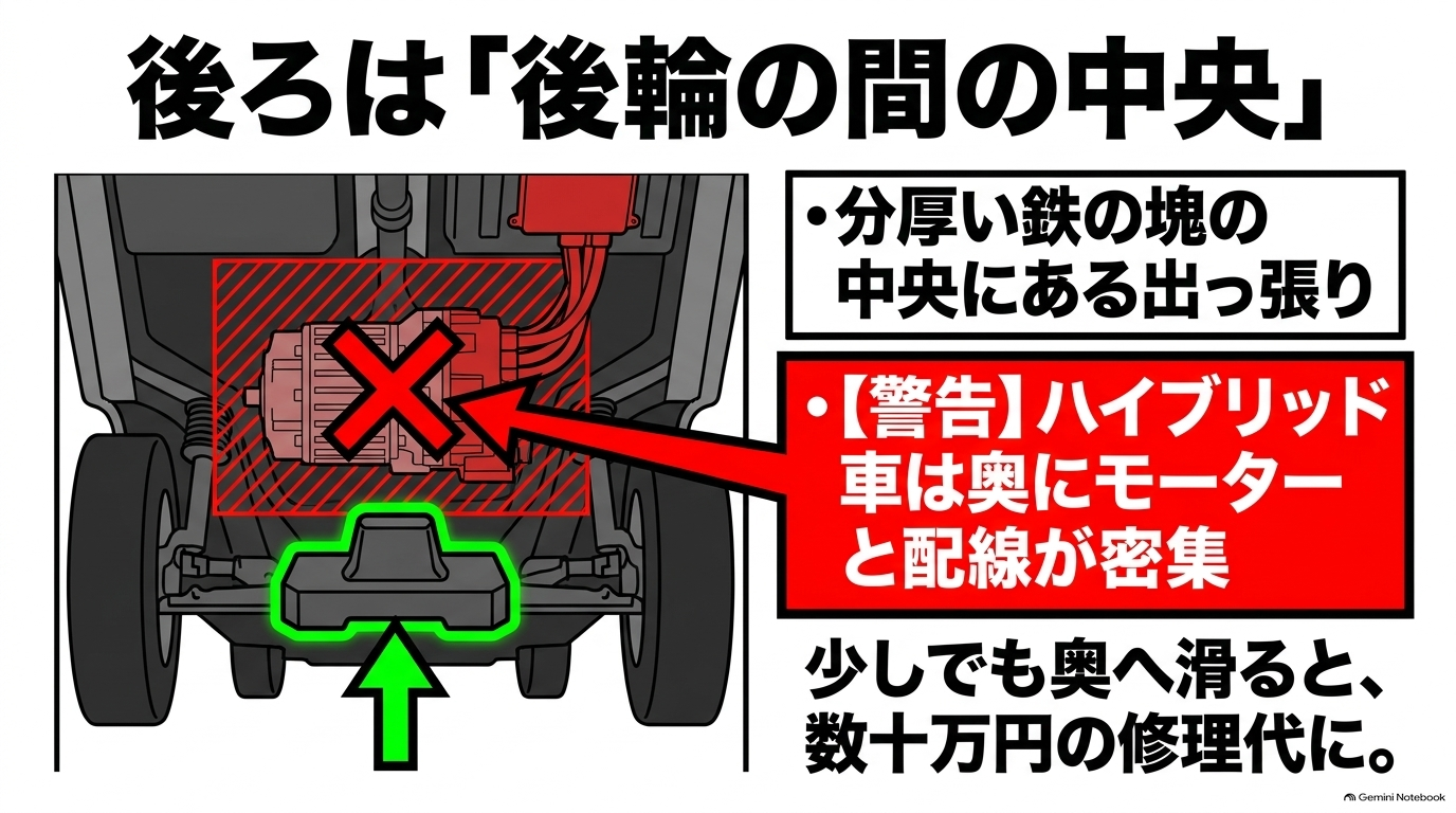 アルファードのリア中央ジャッキポイントは後輪の間にあるサスペンションメンバーの金属突起でありハイブリッド車は奥のリアモーターや高電圧配線に注意することを示す図解