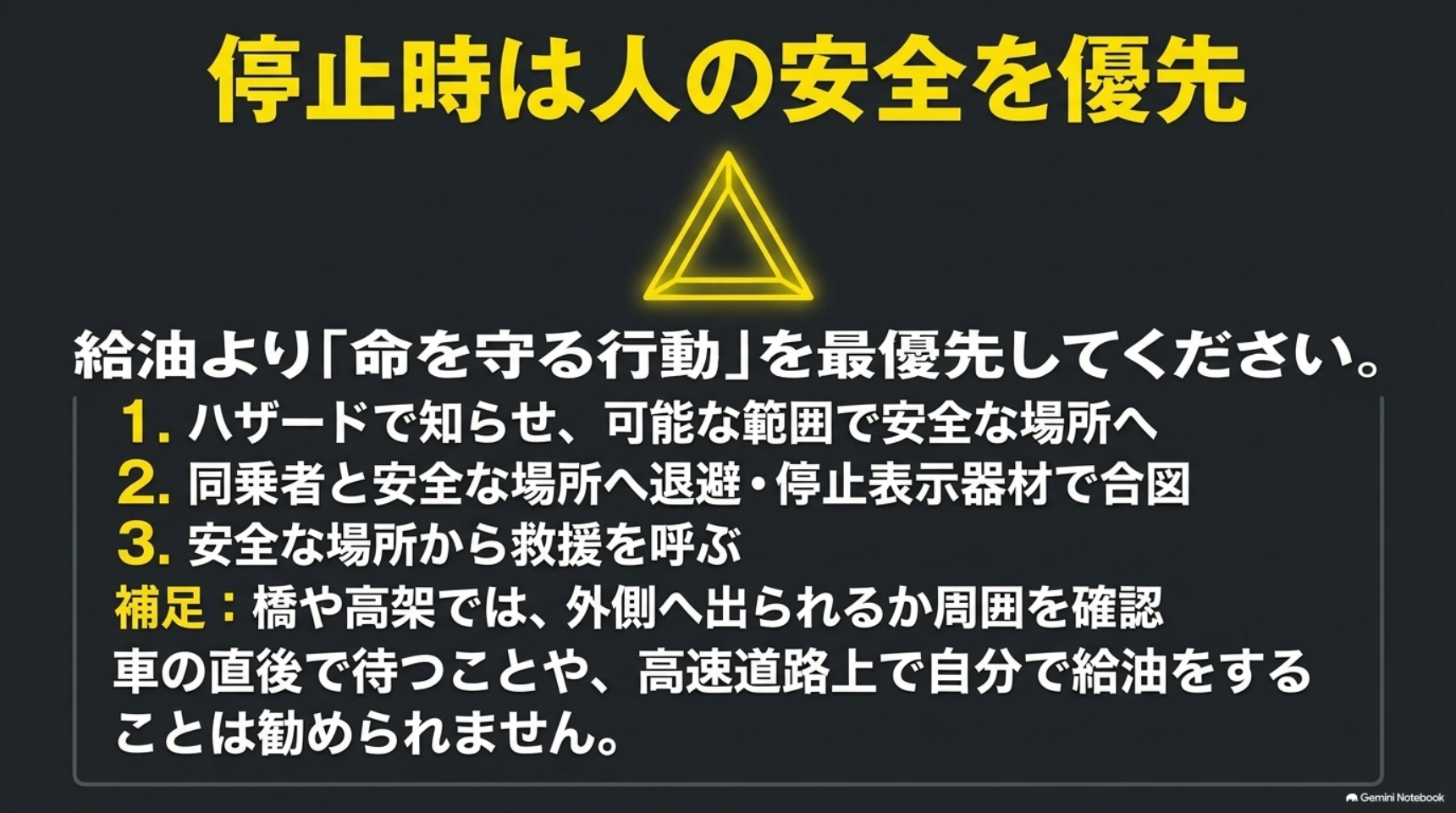 停止時のハザードによる合図と安全な場所への退避および救援依頼を示す図