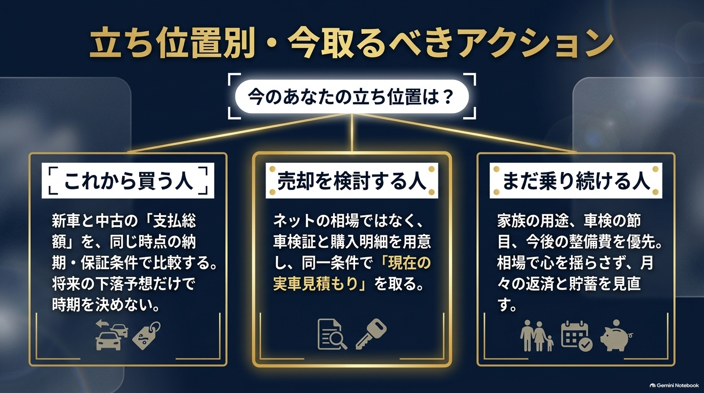 「これから買う人」「売却を検討する人」「乗り続ける人」の3つの立ち位置別のアクションプランをまとめたスライド
