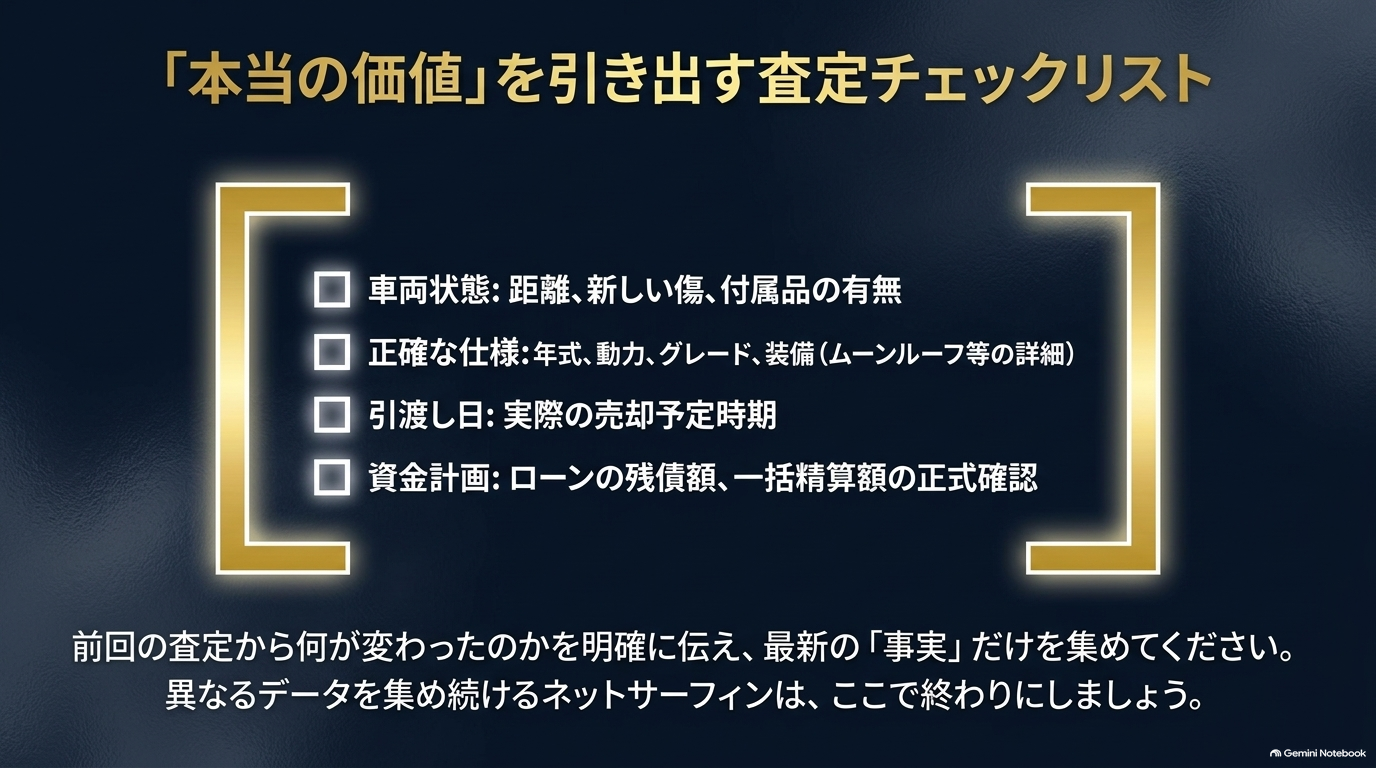 車両状態や仕様、引渡し日、資金計画などを網羅した愛車の査定用チェックリストを示すスライド