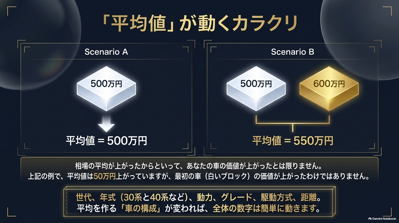 車両構成の変化によって平均値が変動する仕組みを2つのシナリオの図解で分かりやすく解説するスライド
