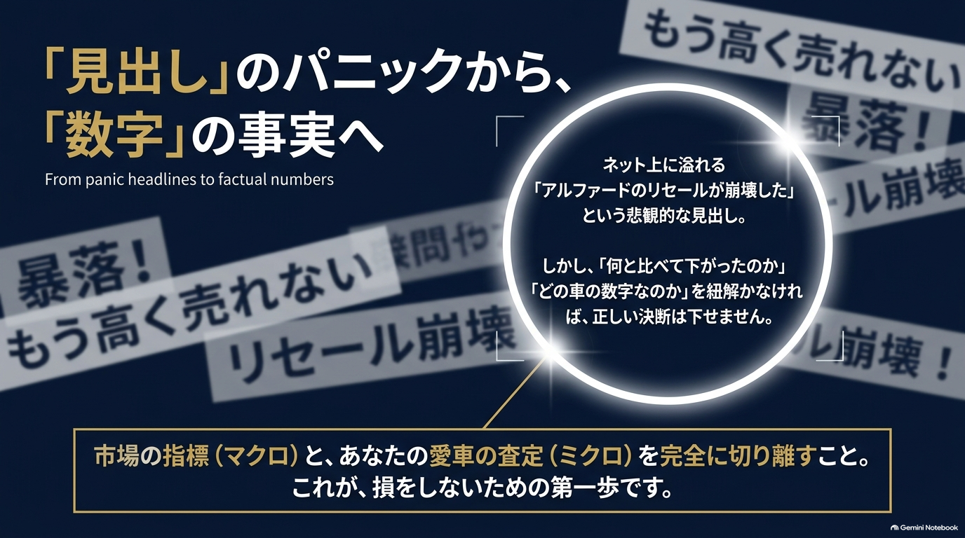 ネットのパニック的な見出しと数字の事実を分離し、市場指標と実際の愛車査定を切り離す重要性を説明するスライド