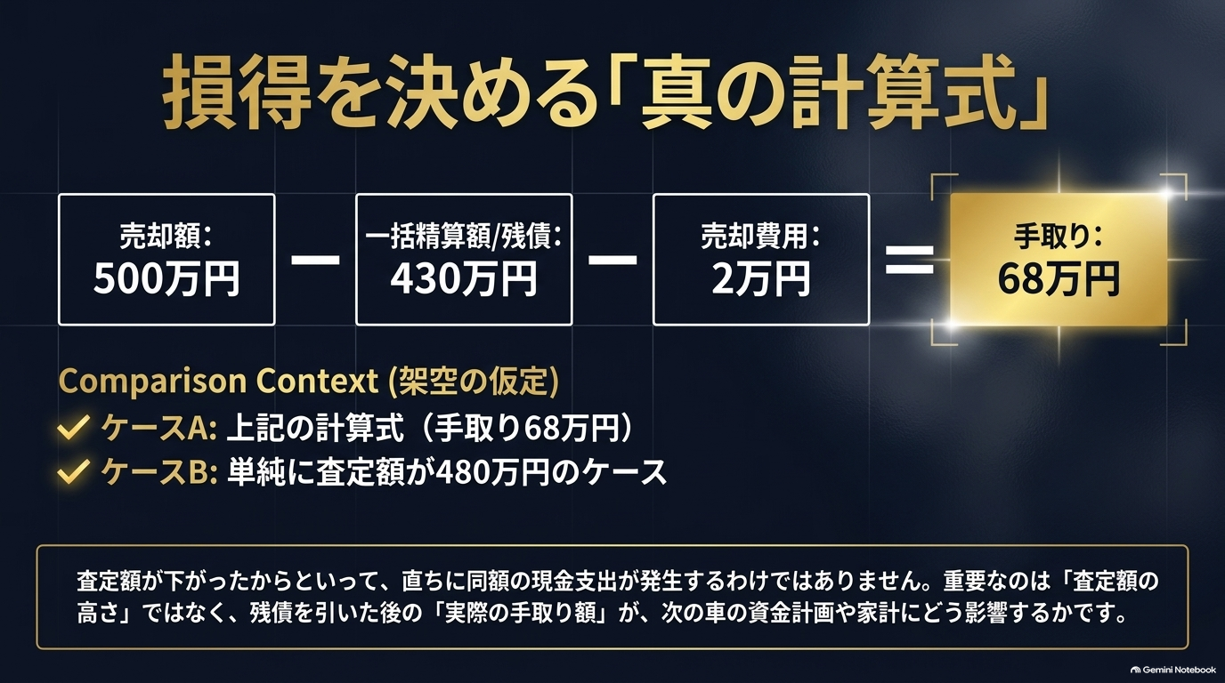 売却額から残債と売却費用を引いた「手取り額」を中心とする実際の損得計算式を提示するスライド